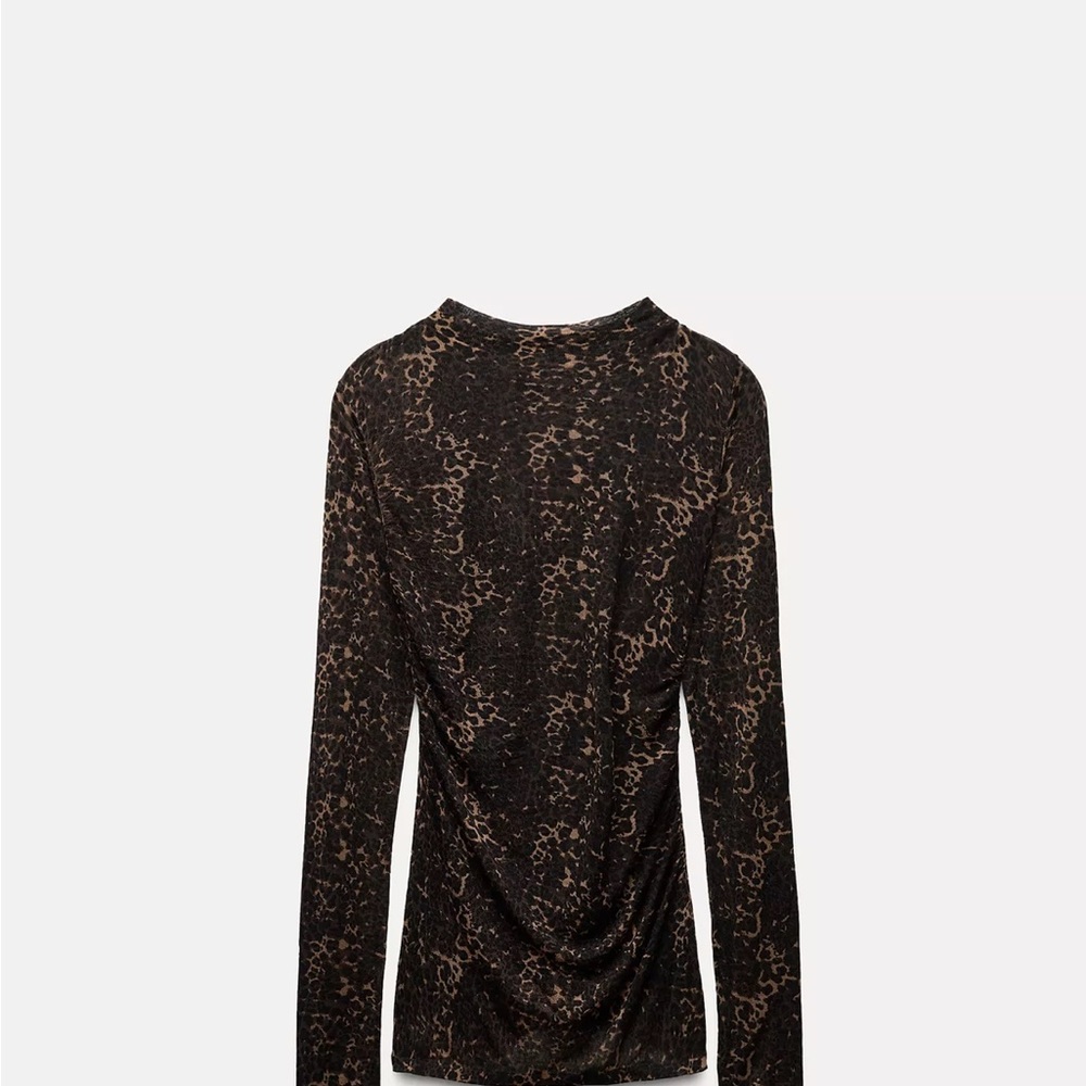 Zara Long-Sleeve Leopard Print Top in Black and Brown